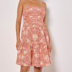 Smocked Bodice Scarf Print Dress
